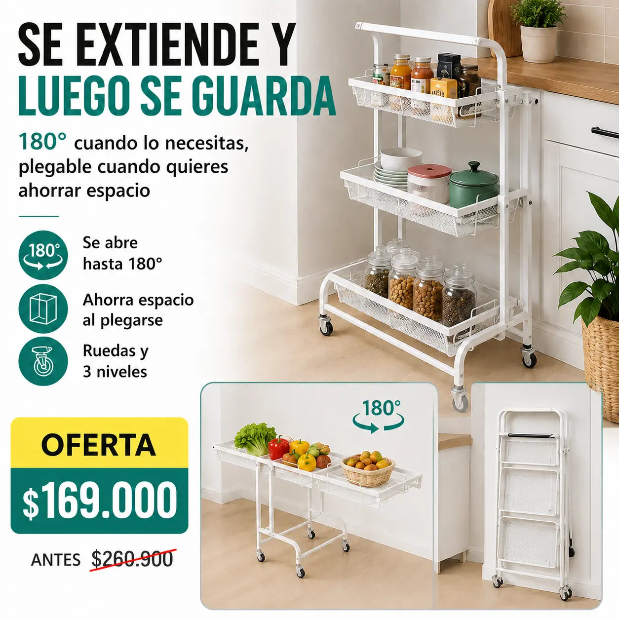 Carrito Organizador Móvil 3 Niveles Ajustable 180° con Ruedas
