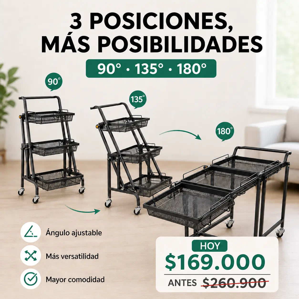 Carrito Organizador Móvil 3 Niveles Ajustable 180° con Ruedas