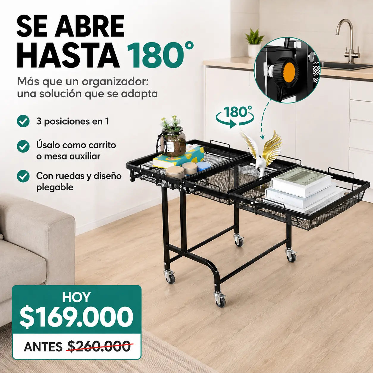 Carrito Organizador Móvil 3 Niveles Ajustable 180° con Ruedas